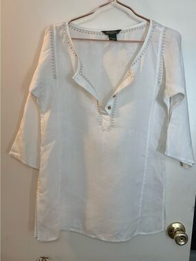 Eddie Bauer White Linen Split-Neck Tunic